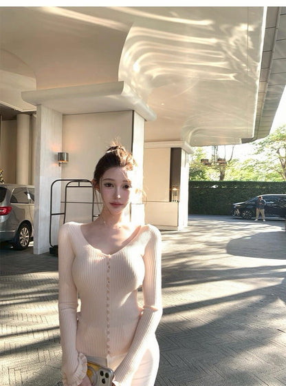 26Jan. 甜慾擔當v領氣質花袖針織上衣 白/粉