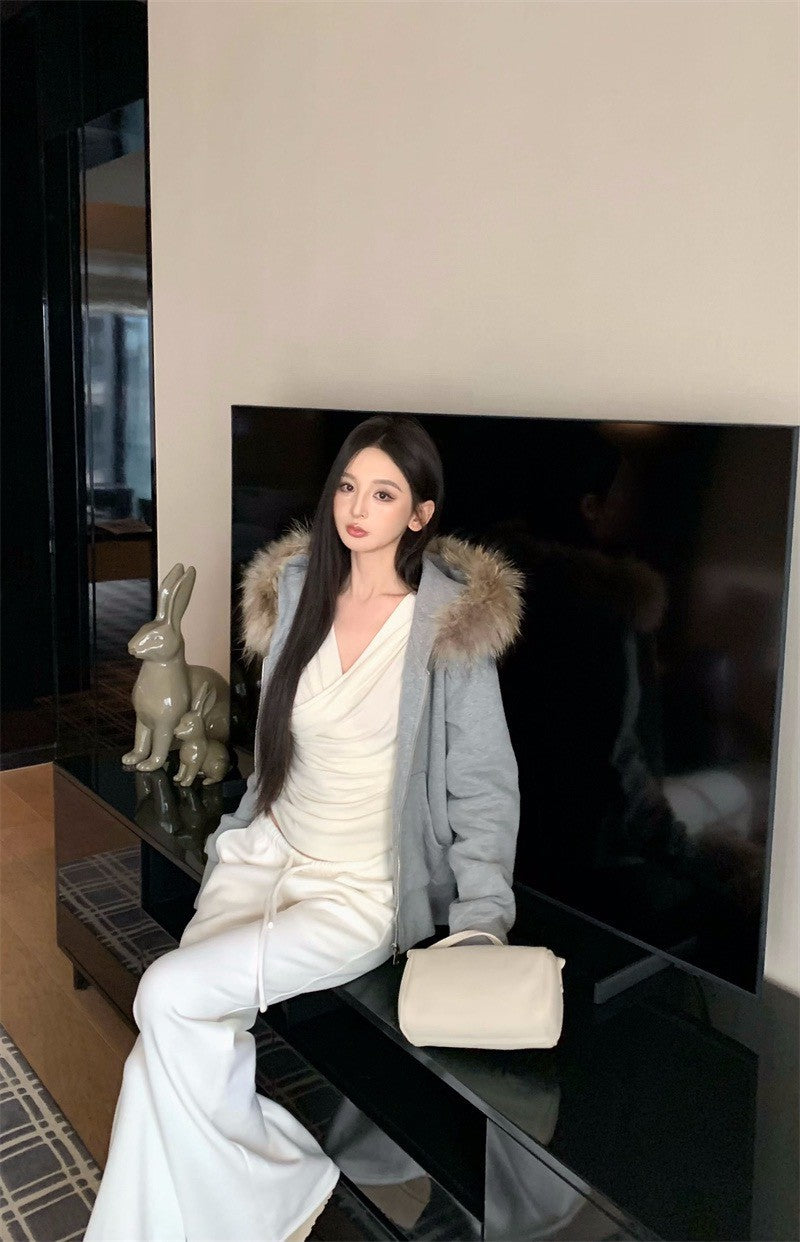 26Feb. 通勤百搭毛毛連帽拉鍊外套 灰/黑