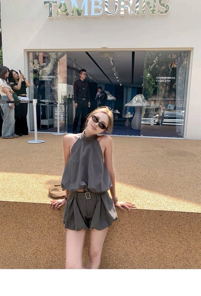 25Jul. 金珍妮同款私服 工裝掛脖花苞背心套裝