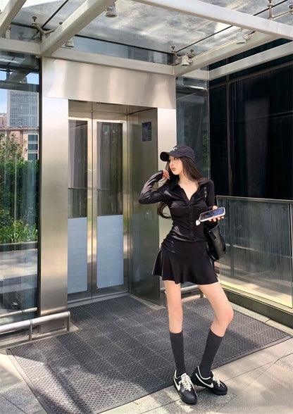 25Jul. 休閒黑色系褶皺襯衫拼接連身裙