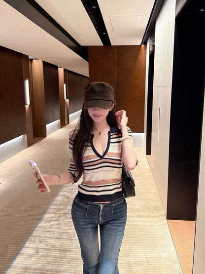 26Oct. 條紋lady五分袖老錢V領針織上衣