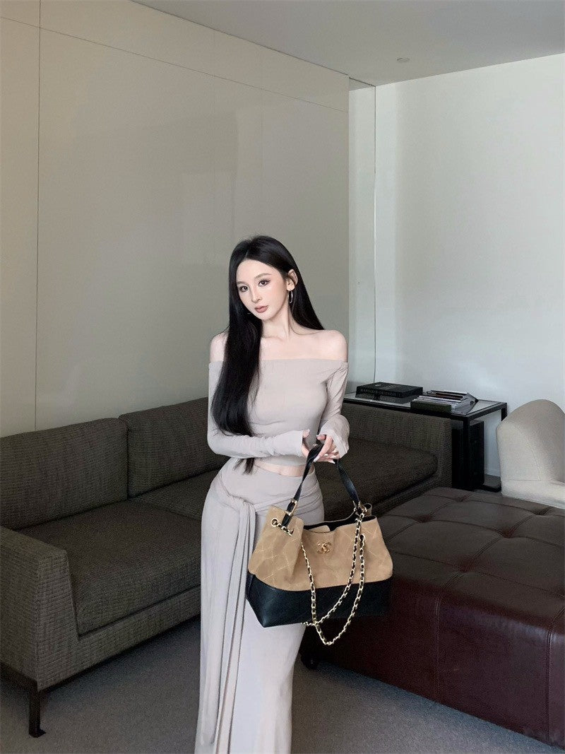 26Jan. 歐美身材比一字領貼身綁帶半身裙套裝 杏奶/黑