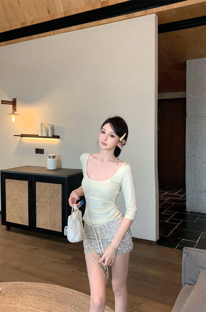 26Jun. 少女分割 蕾絲純慾拼接U領上衣 奶杏/黑