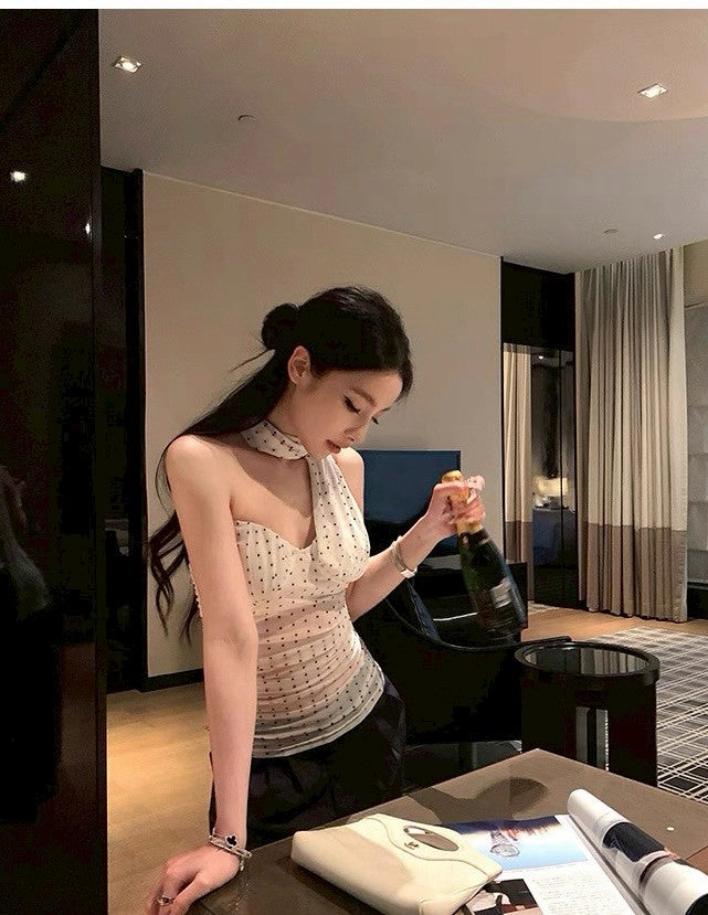 25Aug. 疊影織夢帶胸墊繞頸波點背心 白