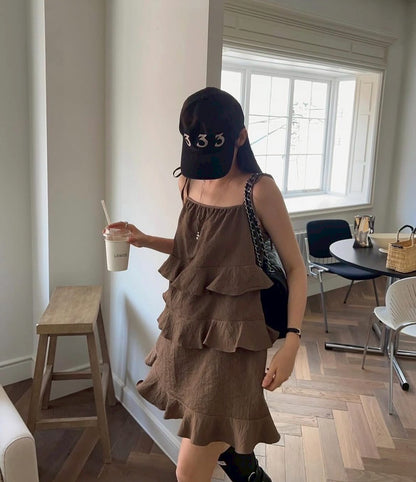 25Aug. 甜妹細肩蛋糕連身裙 杏/咖/純白