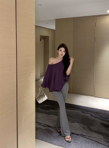 26Jan. 隨性休閒蝙蝠袖斜領紫色上衣 彈力休閒灰色喇叭褲