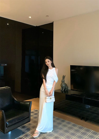 25Jul. 濟州女孩 簡約假兩件式上衣半身裙套裝 米白