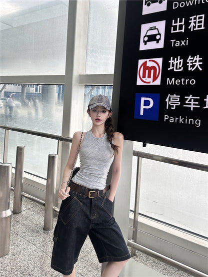 26Jun. 復古高腰原色五分牛仔褲 圓領背心