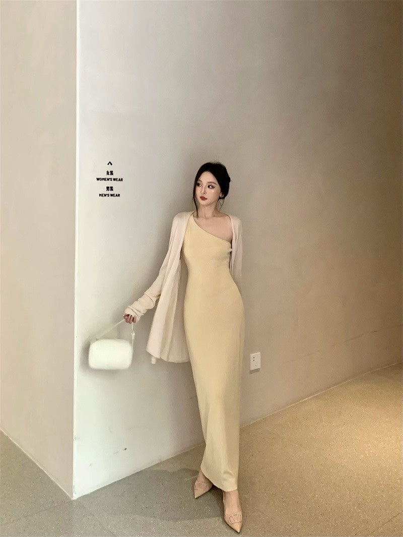 25Nov. 嫩奶黃氣質針織斜領連身裙 防曬開衫