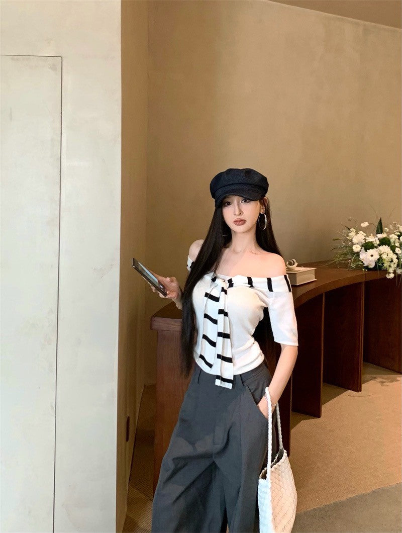 Jun. 時髦穿 針織綁帶一字領上衣 高腰灰色闊腿褲