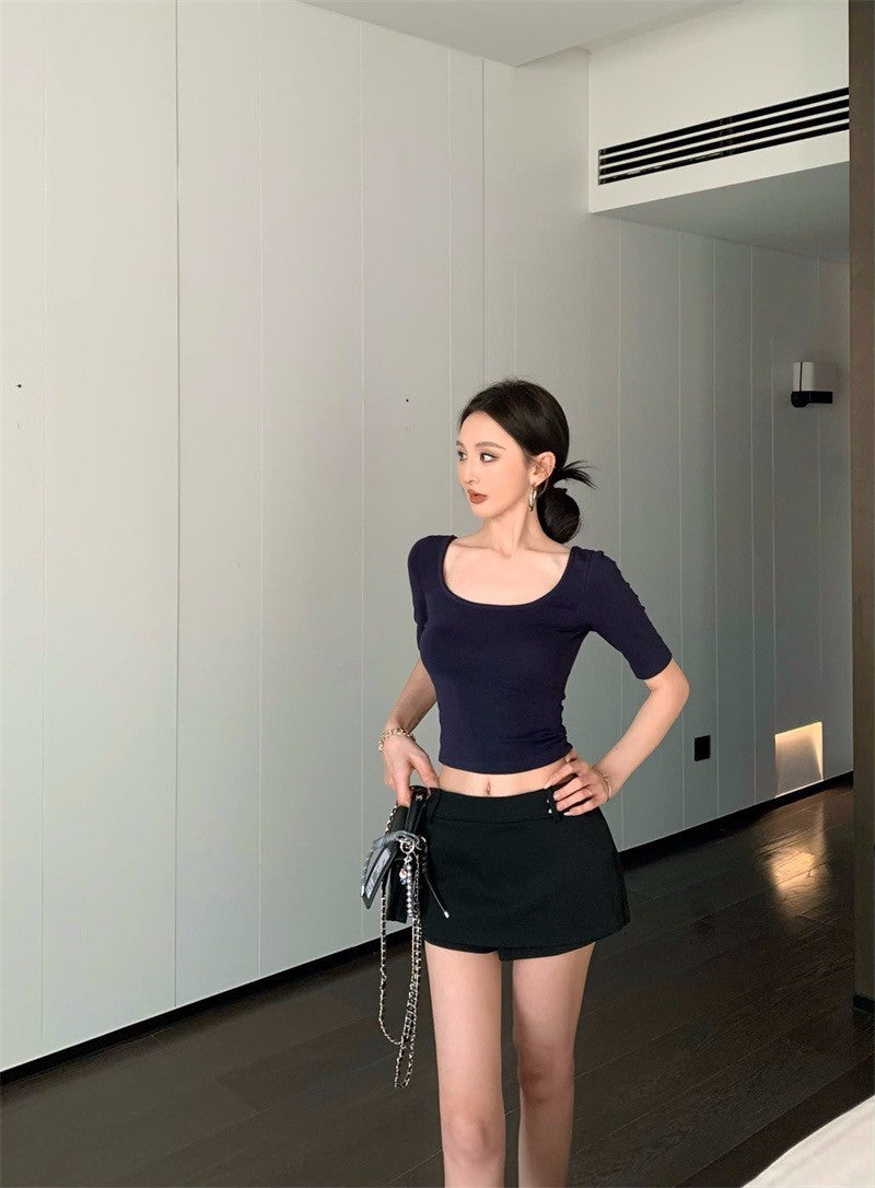 Jun. 日美氣質 修身大U領中袖上衣 藏藍 低腰側拉鍊褲裙 黑色褲裙
