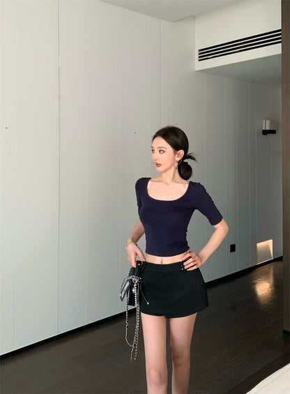 Jun. 日美氣質 修身大U領中袖上衣 藏藍 低腰側拉鍊褲裙 黑色褲裙