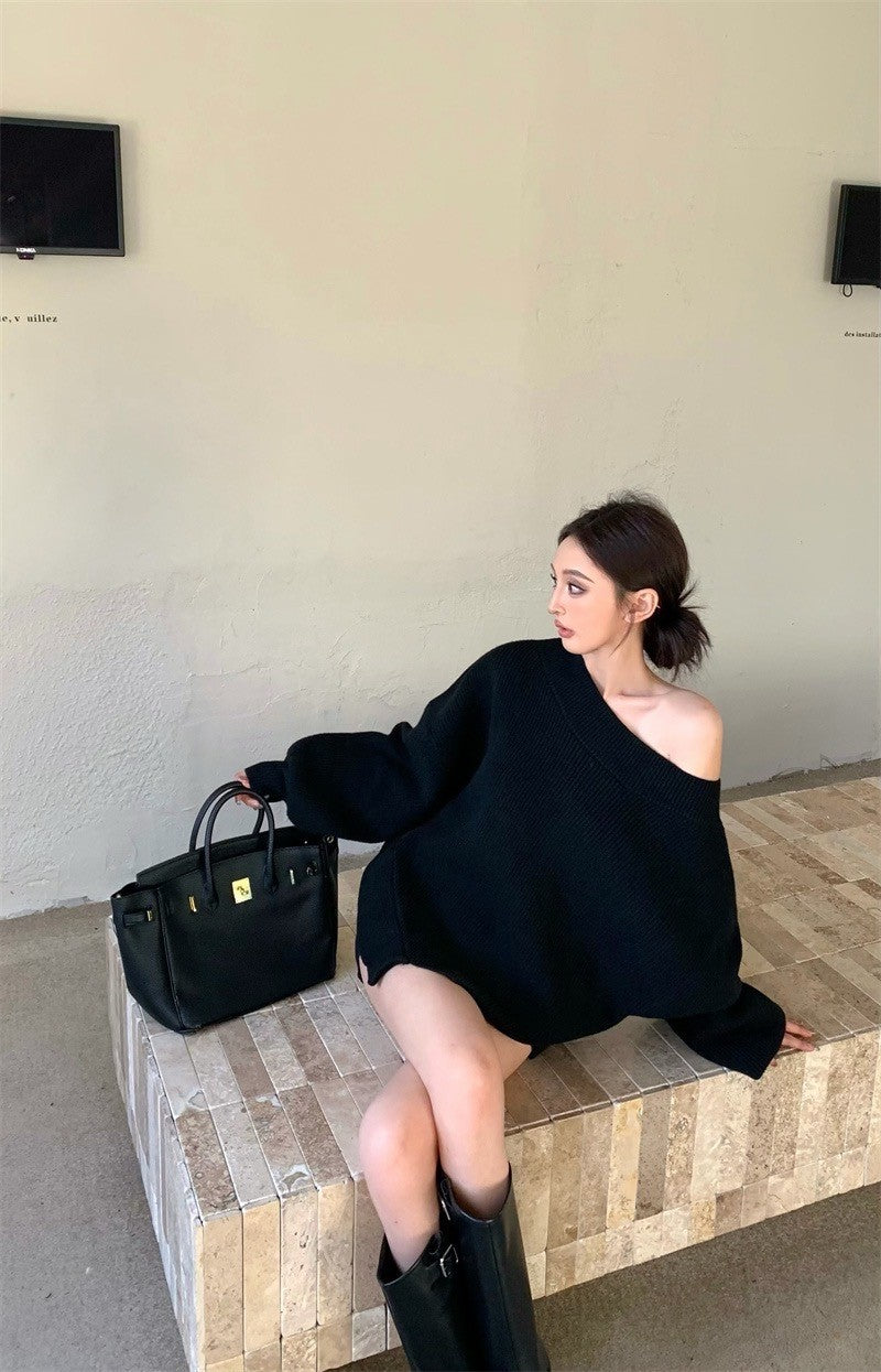 Apr. 美式慵懶 松露黑針織不規則上衣 短褲