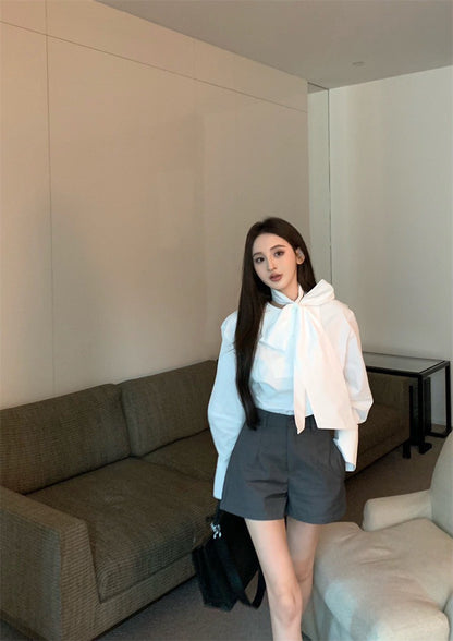 May. 復古法式大蝴蝶結綁帶+襯衫 高腰西裝短褲