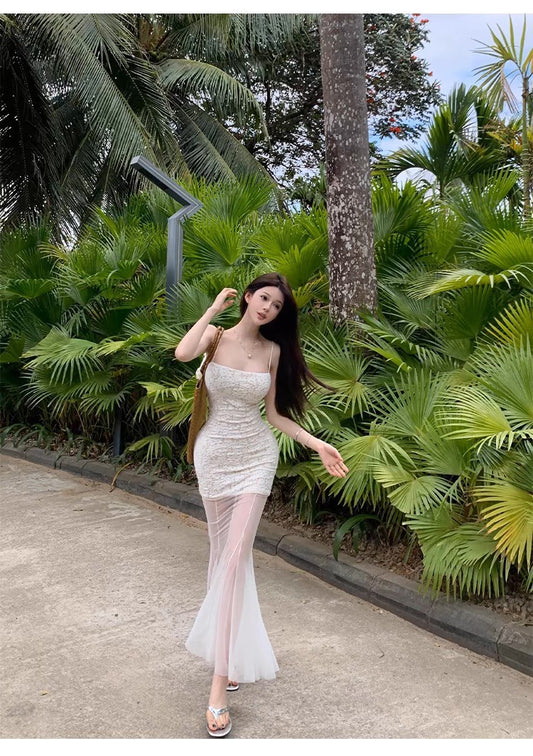 May. 世嬌妲己 夢幻白透視蕾絲緹花魚尾連身裙