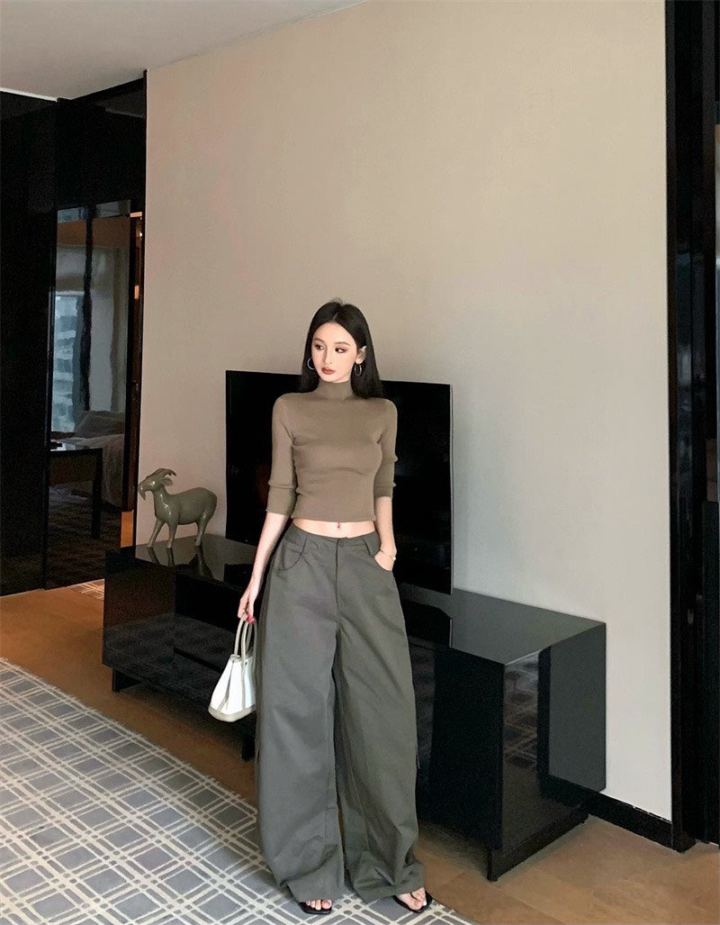 25Nov. 休閒酷妹美式高領上衣 口袋闊腿工裝褲 卡色系