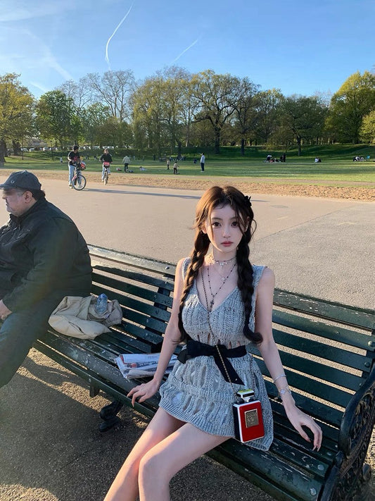 Jun. 重工25香奶奶粗針縷空背心針織上衣 灰