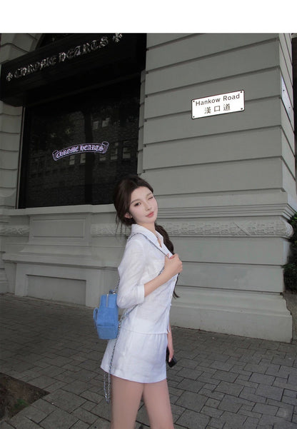 25Aug. 亞麻物語簡約七分袖襯衫低腰褲裙套裝 白色