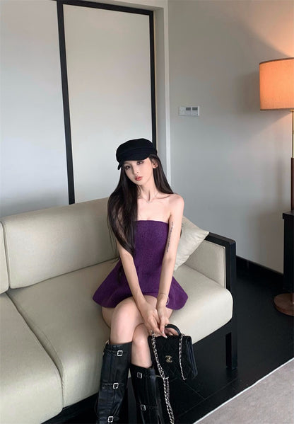 25Nov. 曲線奧斯氣質針織花瓣抹胸 紫