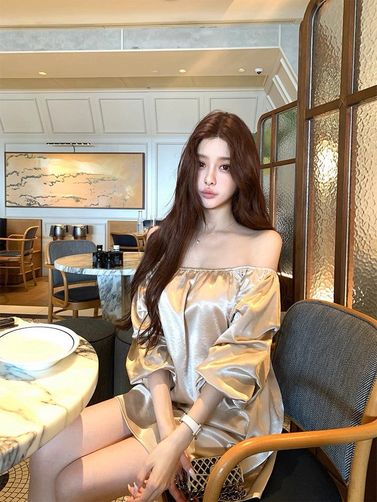 25Aug. 鎏金缎 水波紋高雅兩穿一字領連身裙