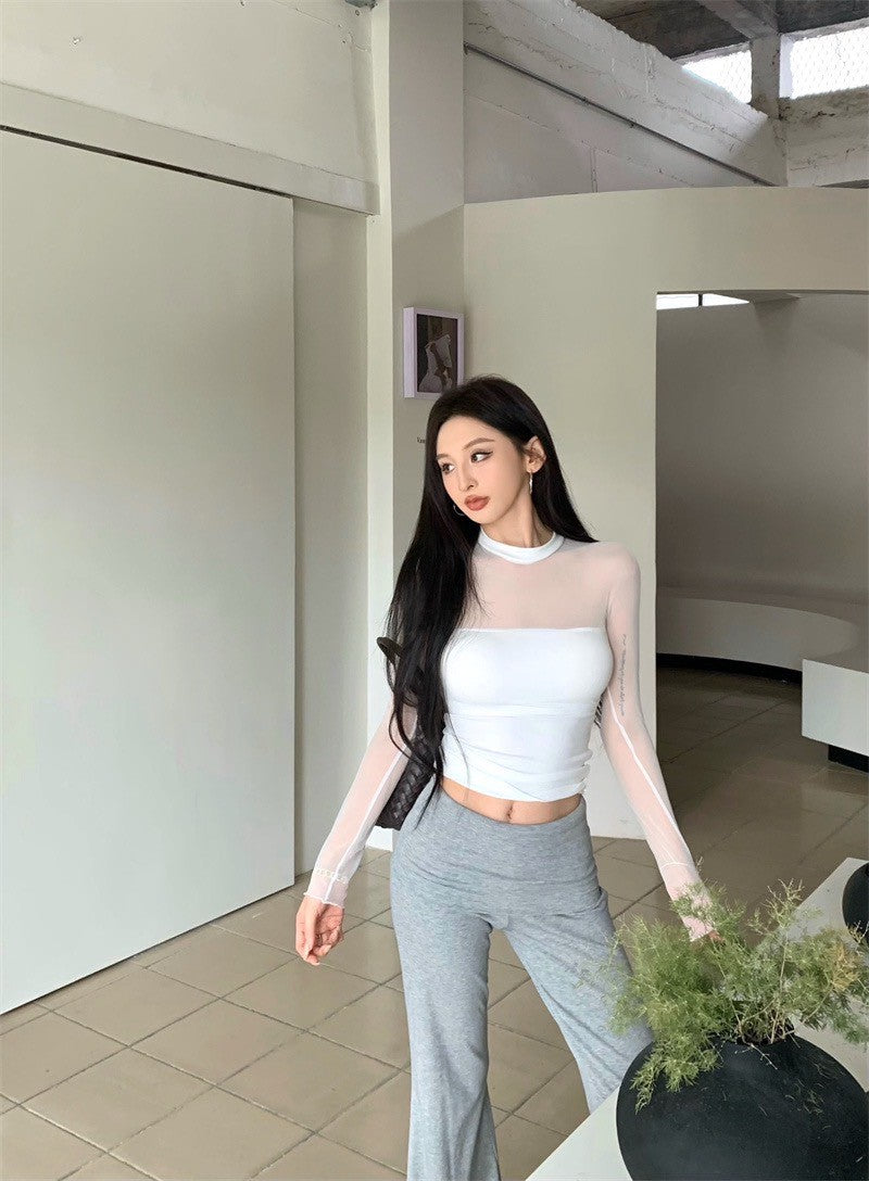 Jun. 辣妹網紗拼接透視緊身上衣 白/黑