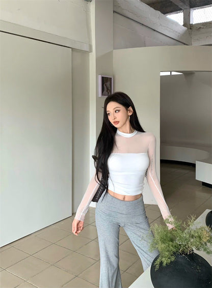 Jun. 辣妹網紗拼接透視緊身上衣 白/黑