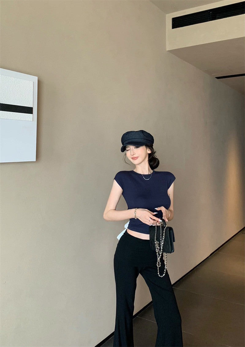 25Jul. 甜心側擊 正肩蝴蝶結露腰修身上衣 藍