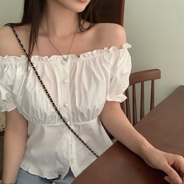 25Aug. 法式花邊泡泡袖收腰上衣 白/黑