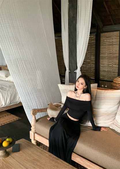 Apr. 法式浪漫 氣質一字翻領高腰抓皺半身裙套裝 黑