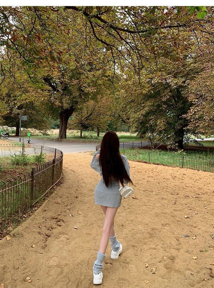 25Oct. 海德度假風 慵懶斜肩設計感半身裙套裝 灰