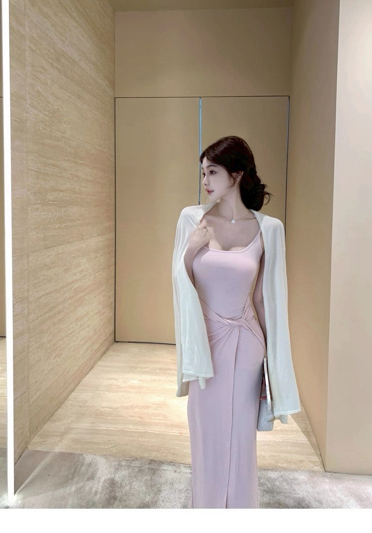 25Aug. 瘦瘦狂魔 側腰扭結U領背心連身裙 粉