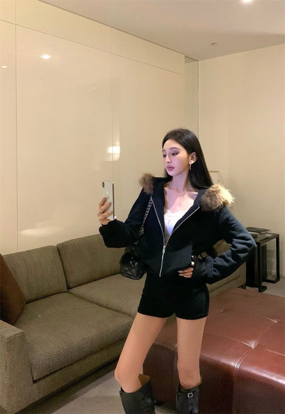 Jan. 奶貓狙擊 通勤慵懶毛毛連帽外套 黑