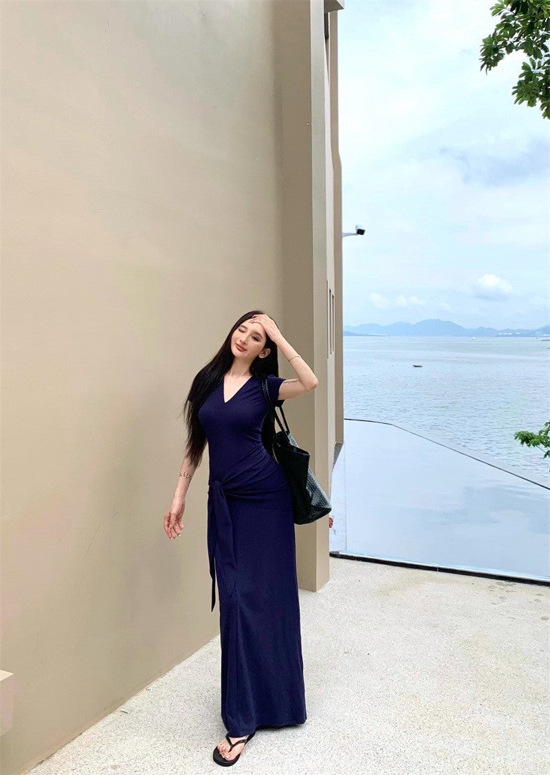 25Aug. 一件式穿不膩繫帶V領短袖連身長裙 藏藍/咖