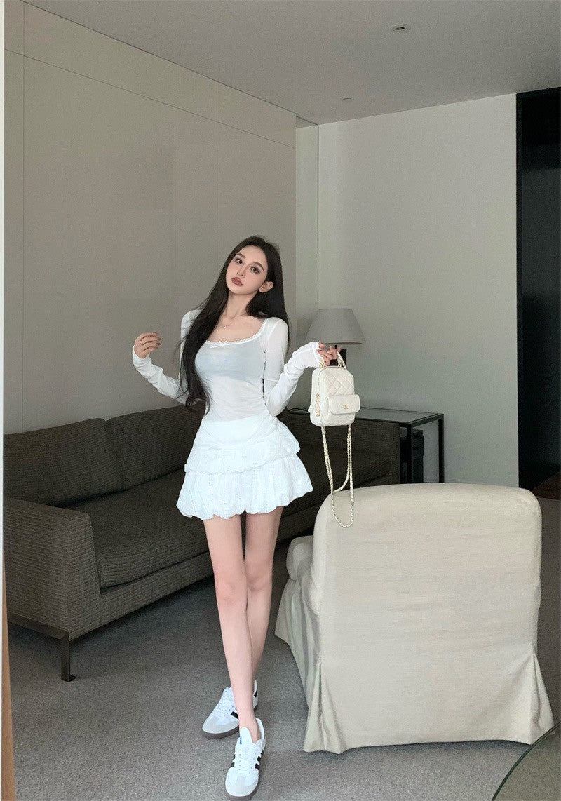 Jun. 奶椰泡泡 薄款芭蕾風打底上衣 花苞半身裙 白