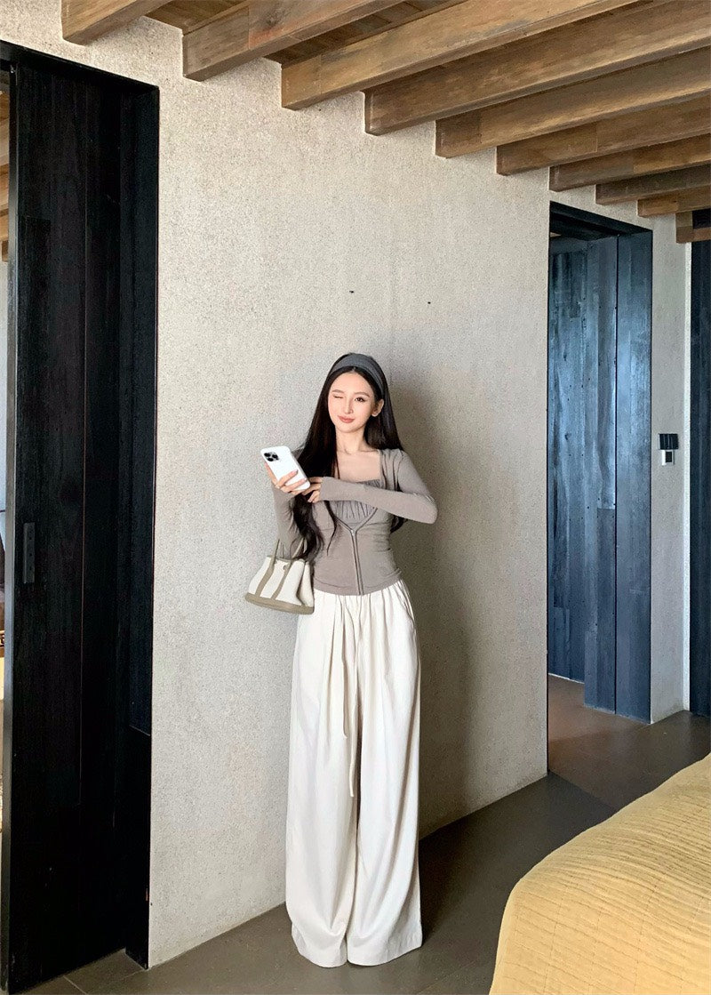 25Nov. 法式純欲感褶皺背心開衫2件組 休閒闊腿褲 灰卡色系