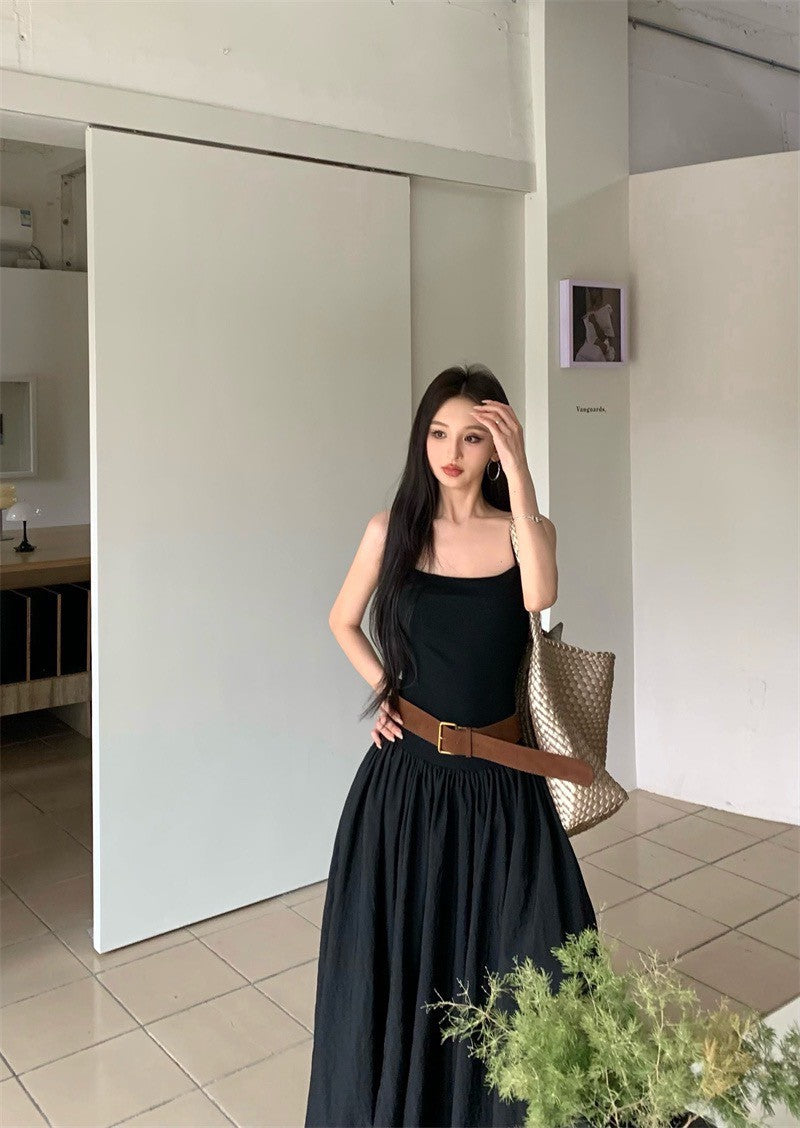 Jun. 溫柔通勤可調肩拼接連身裙 黑色