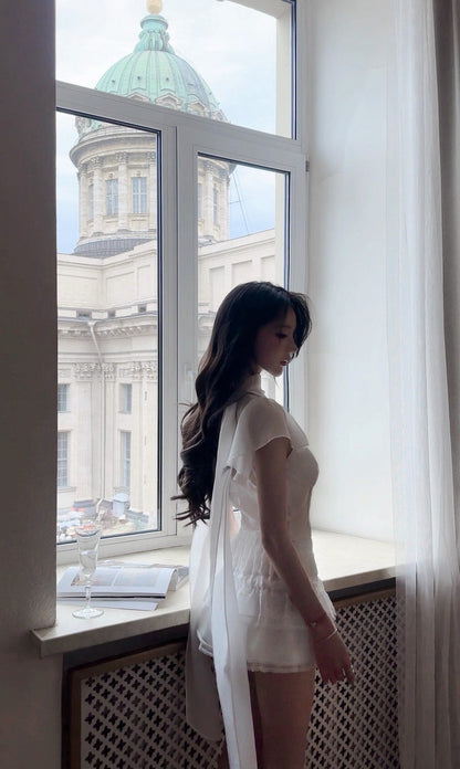 25Aug. guizi*性感縷空收腰飄帶上衣 白