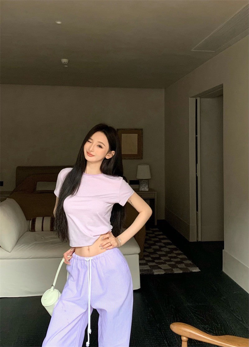 25Jul. 簡約控 居家休閒圓領上衣 條紋鬆緊休閒褲 粉紫