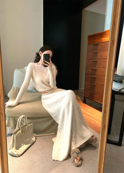 Feb. 時髦三件套 清冷感美人針織上衣半身裙 奶杏