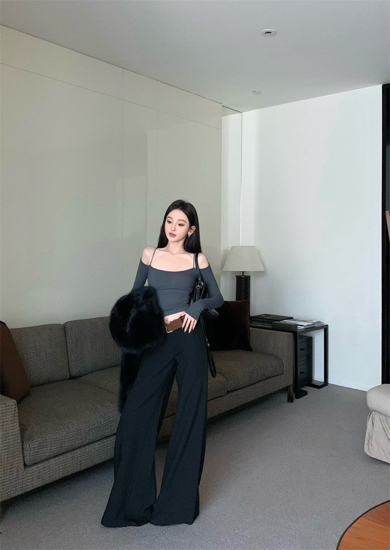 Jan. 歐美女無法抗拒 溫柔露肩彈力上衣 灰