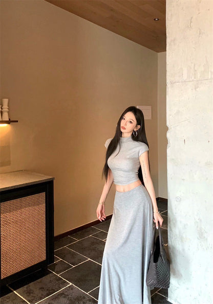 Jun. 簡約歐美 基礎色正肩彈力上衣傘狀半身裙套裝 灰