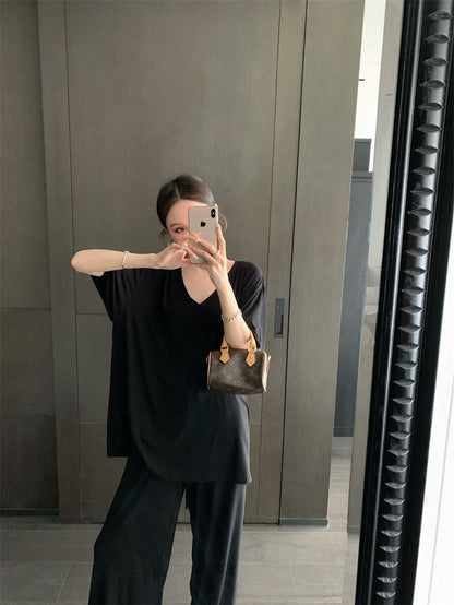 Jun. 慵懶api瘦瘋紙片人長褲休閒套裝 黑