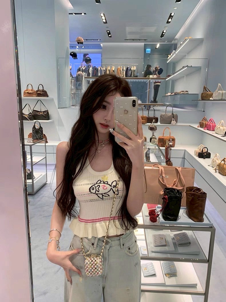 Jun. 童趣魚兒刺繡 收腰花瓣針織背心 杏