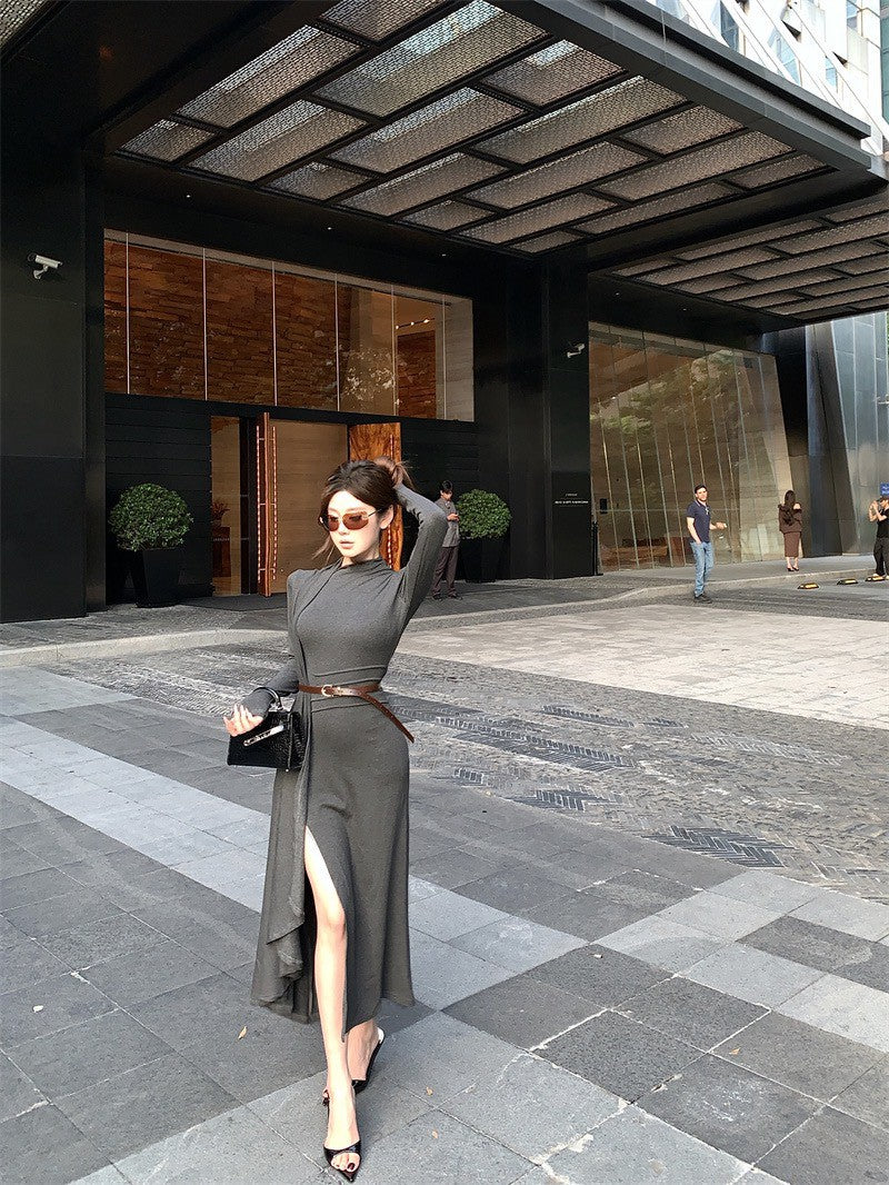 26Jan. 御姐風範不規則開叉包襟連身裙 灰