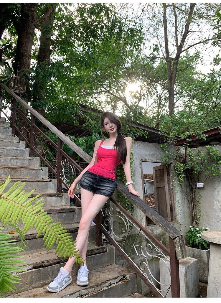 Jun. 出遊神搭 撞色彈力顯瘦兩件式針織背心 粉/白