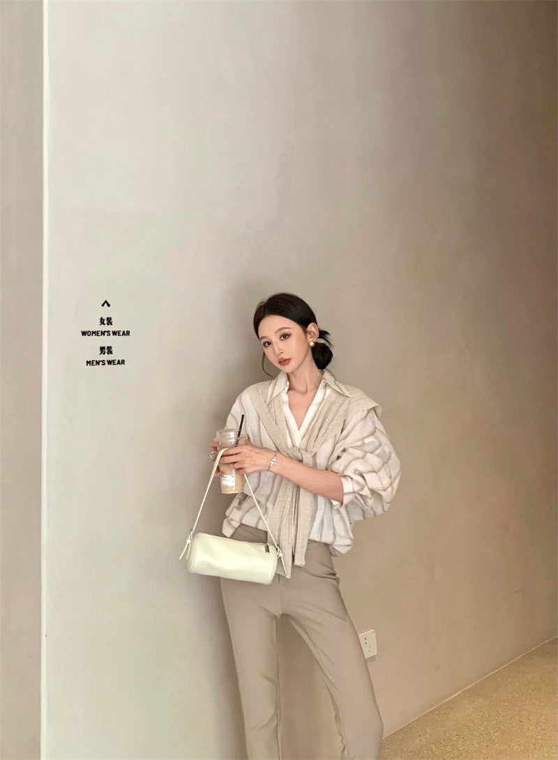 25Jul. 韓chic慵懶條紋襯衫 高腰喇叭褲