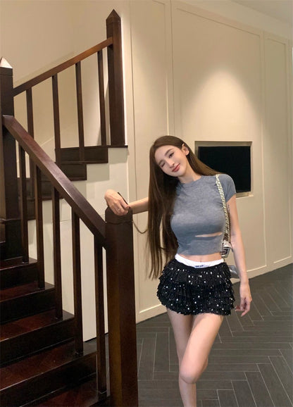 Jun. 圓領顯瘦縷空小心機針織上衣 亞力山中腰亮片褲