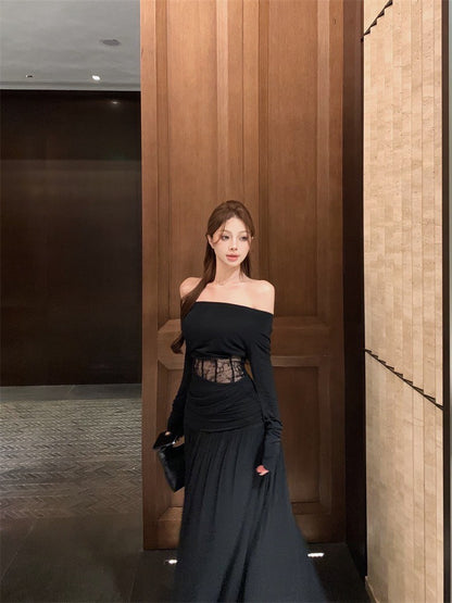 Mar. 香軟Crush 設計感一字領魚骨縷空上衣 褶皺飄逸半身裙 黑