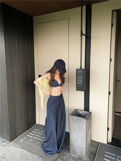 Jun. 清爽度假 辣妹肌理紋比基尼 高腰休閒褲 深藍色