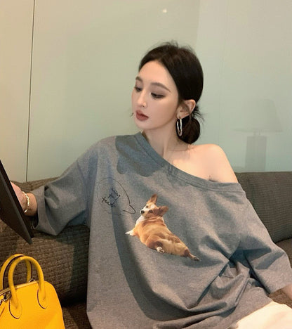 Jun. 哈嚕柯基修勾慵懶斜肩寬鬆上衣 灰